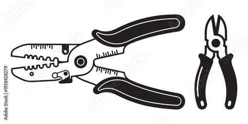 Professional electrical hand tools featuring a multi-functional wire stripper crimper and diagonal cutting pliers icon set isolated on white background.