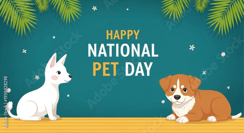 Happy national pet day illustration with white rabbit and brown puppy on yellow table