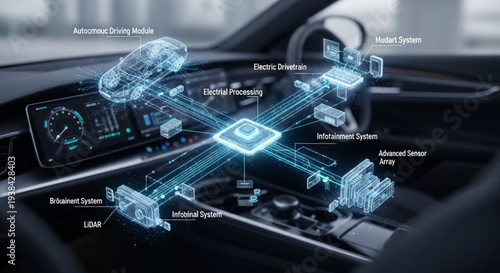 Automotive Technology System Diagram with Central Processor.