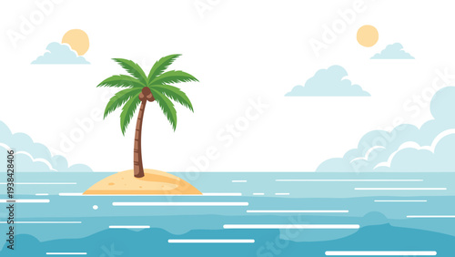 Serene tropical island with a single palm tree on a sandy beach surrounded by calm blue ocean waters and clouds.