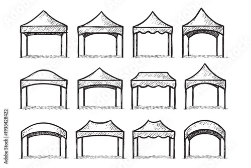 Various tent designs, hand-drawn in black and white line art, creating a seamless pattern on a white background suitable for use in design projects.