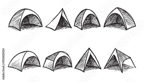 A collection of hand-drawn style camping tents in black ink on a stark white background, perfect for adventure, travel, or camping illustrations.