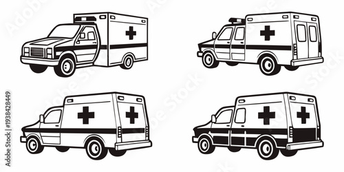 Five different types of ambulances with medical symbols on their sides Vector