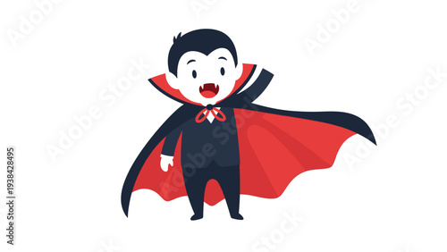 Cheerful young boy dressed in a classic vampire costume with a red and black cape and sharp white fangs.