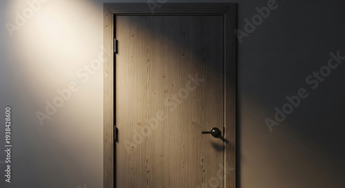 Illuminated wooden door set against a gradient wall backdrop indoors