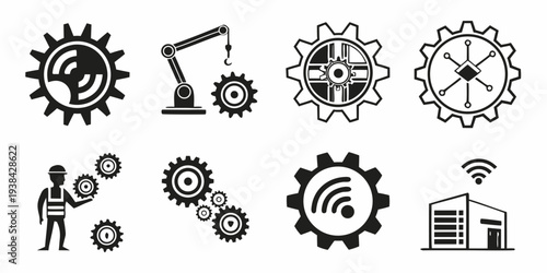 A collection of various icons representing different aspects of technology and industry. Vector