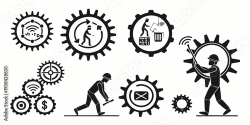 Illustration of a person struggling with various gears and cogs. Vector