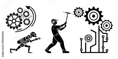A person using a hammer to fix a mechanical creature with gears and cogs Vector