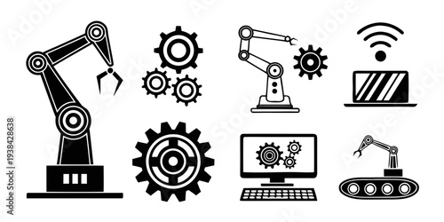 Industrial machinery and technology icons representing modern manufacturing processes Vector