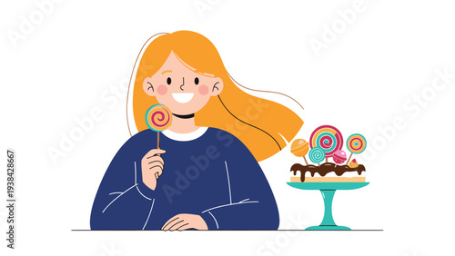 Happy girl with long blonde hair holding a colorful swirled lollipop next to a tray of sweet sugary treats.
