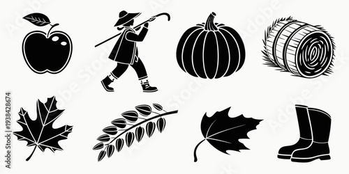 Assorted autumn harvest illustrations featuring fruits, vegetables, and leaves Vector