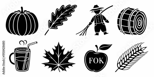 A collection of autumn-themed icons including a pumpkin, corn, and a scarecrow. Vector