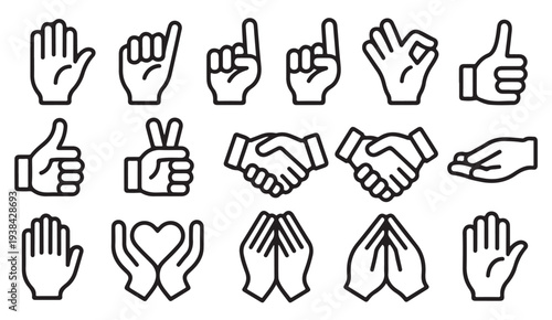 Hand Gesture Outline Icons Including Thumbs Up Handshake and Prayer Hands