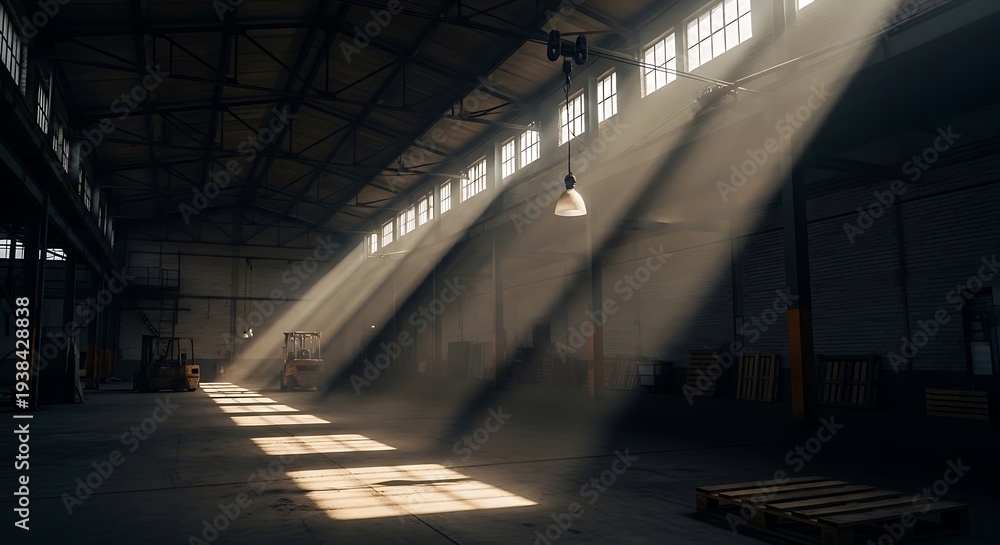 Obraz premium Industrial warehouse interior bathed in ethereal sunlight, an industrial space