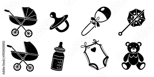 Assorted baby items including toys, feeding bottles, and a stroller Vector