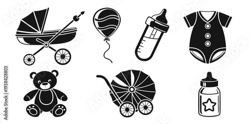 Assorted baby items including toys, bottles, and accessories Vector
