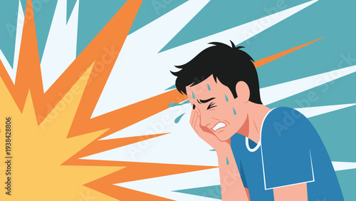 Stressed man wiping sweat from his forehead against a bright explosive background representing extreme summer heat.