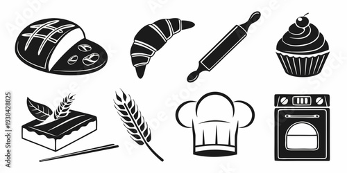 Assorted bakery items and tools displayed in a charming illustration Vector