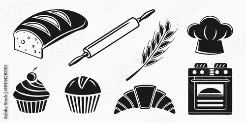 Assorted baked goods and kitchen utensils displayed in a delightful arrangement Vector