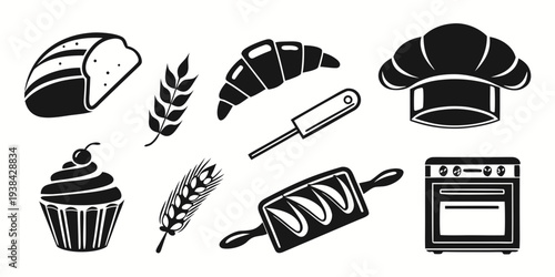 Assorted bakery items and kitchen utensils in black and white illustration Vector