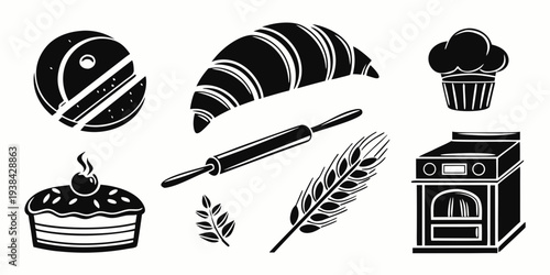 Assorted bakery items and utensils displayed in a circular arrangement Vector