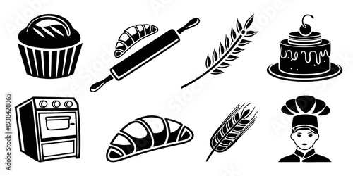 Assorted bakery items and cooking utensils in a playful black and white illustration Vector