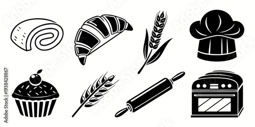 Assorted bakery items and coffee accessories in black and white illustration Vector