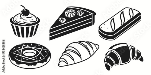 Assorted pastries displayed on a white background with black outlines Vector