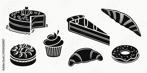 Assorted desserts including cakes, pastries, and pies in a variety of shapes and sizes Vector