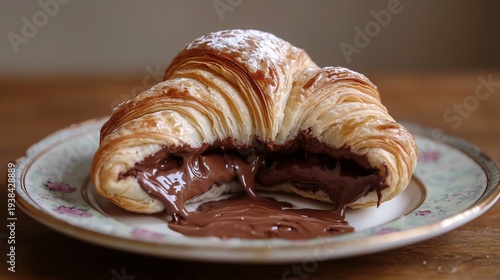 Golden flaky croissant with rich melting chocolate filling on a decorative floral plate, sweet indulgence