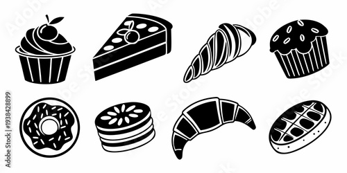 Assorted black and white illustrations of various cakes and desserts Vector