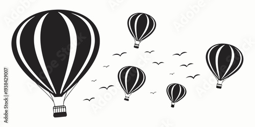 A group of hot air balloons floating in the sky with birds flying around them Vector