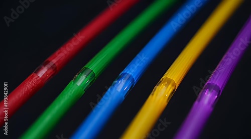 An array of colorful drinking straws arranged diagonally against a dark background