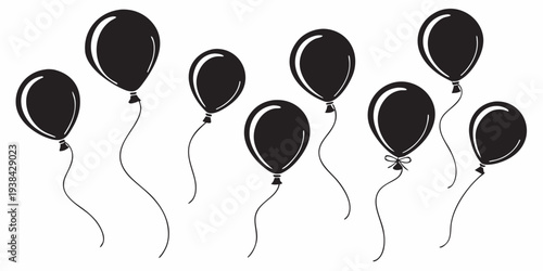 A group of black balloons with long strings floating in the air Vector