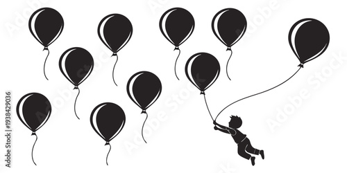 A person holding a bunch of black balloons in a field Vector