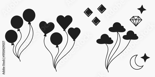 A whimsical illustration of floating hearts, diamonds, and clouds with a gemstone and arrow Vector