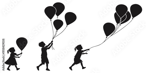 Children holding black balloons walking in a line on a white background Vector