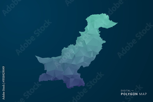 Pakistan Map - Polygon Style Vector Illustration with Teal Blue Gradient, Low Poly Geometric Design, Digital and Technology Inspired, Clean Silhouette on Dark Background.