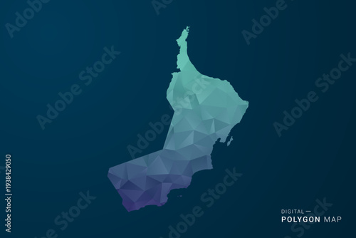 Oman Map - Polygon Style Vector Illustration with Teal Blue Gradient, Low Poly Geometric Design, Digital and Technology Inspired, Clean Silhouette on Dark Background.