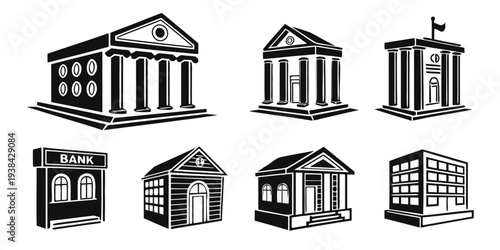 Eight different types of buildings and structures in black and white. Vector