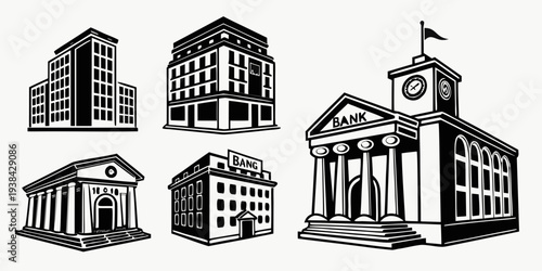 A diverse collection of architectural buildings showcasing various designs and styles. Vector