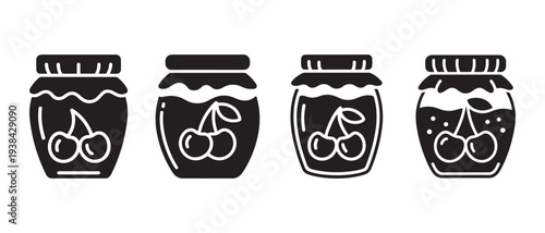 Set of Cherry Jam Jar Icons. Simple Silhouette Illustrations of Preserves with Fruit, Food Icons.
