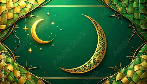 Empty center space for text, decorative border with Ketupat woven palm leaves, Islamic geometric patterns, crescent moon and stars, Eid al-Fitr theme, green and gold colors, festive Islamic background