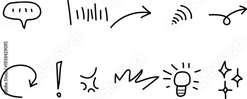 A collection of 10 hand drawn icons representing various concepts and actions