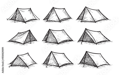 Hand drawn sketch illustration showing multiple tents arranged, suitable for camping, outdoors or equipment designs; drawing is in black and white.