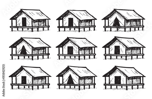 A hand-drawn sketch pattern features multiple stilt houses, shown in black and white on a clean background, suitable for travel or real estate themes.