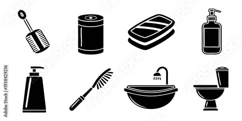 A collection of various bathroom cleaning tools and supplies Vector