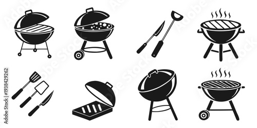 Various barbecue grills and tools for outdoor cooking and grilling. Vector