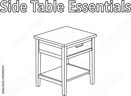 Minimalist line art drawing illustrating a small wooden side table with drawer and shelf