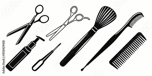 A variety of hair and beauty tools arranged neatly on a white background Vector